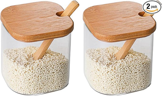 FANTESTICRYAN Glass Condiment Canister Pots with Bamboo Lids and Spoons, Kitchen Condiment Canisters, Set of 2 (Square)
