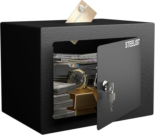 0.23 Cubic Money Safe for Cash, Black Personal Safety Box, Safe with Key, Steel Security Safes, Money Storage for Home, Fire Proof SafeBox, Small Safes for Cash Jewelry