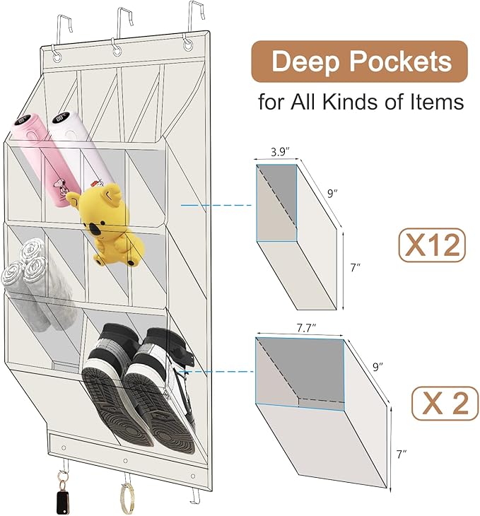 FENTEC 2 Pack Over the Door Shoe Organizer, Hanging Shoe Organizer, 28 Large Deep Pockets Door Shoe Rack with 6 Hooks Shoe Organizer for Shoes, Sneakers, and Home Accessories, Beige-NeatNest