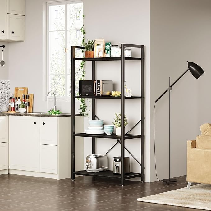 Casaottima Book Shelf, 4 Tier Bookshelf, Modern Wood Bookcase Shelves for Bedroom, Industrial Display Shelf for Living Room Home Office Kitchen, Standing Shelving Unit Storage Organizer, Black-NeatNest