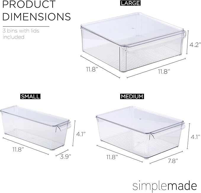 SIMPLEMADE Clear Refrigerator Organizer Bins - Clear Bins for Fridge, Containers for Fridge and Freezer, Multipurpose Storage for Kitchen, Office, Bathroom, Pack of 3 (Design 2)