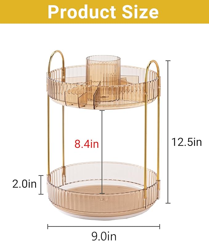 360 Rotating Makeup Organizer,2 Tier Large Capacity Make Up Organizers and Storage,Skincare Perfume Vanity Organizers,Bathroom Cosmetics Storage Organizer Countertop(Gold)-NeatNest