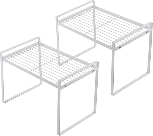 2pk Kitchen Cabinet Shelf Counter Organizer Rack Pantry Storage Bathroom Bedroom Office Table Desk Space Saving Steel Frame Stackable Rust Resistant Non Slip White-Tall- L13in W8.3in H9.5in-NeatNest