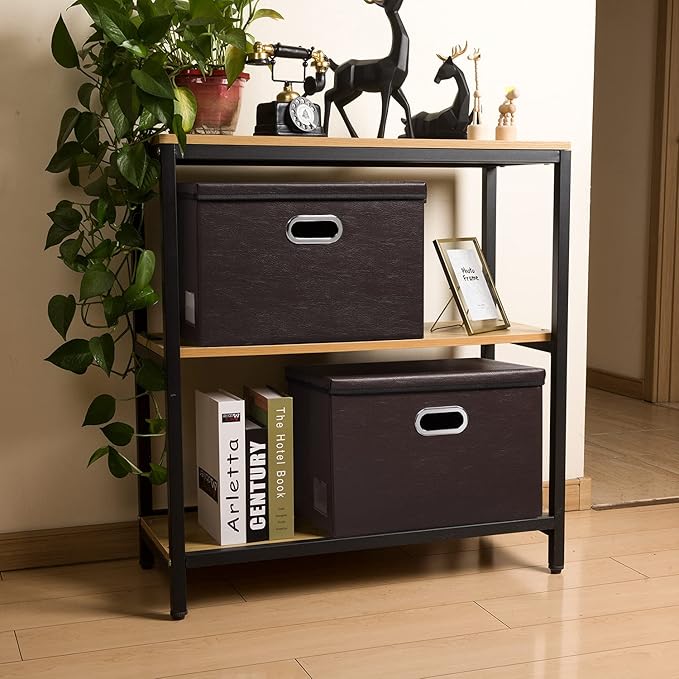 PRANDOM Large Stackable Storage Boxes with Lids [5-Pack] Leather Fabric Foldable Storage Bins Organizer Containers Baskets Cubes with Cover for Bedroom Closet Office Nursery Brown(17.7x11.8x11.8)-NeatNest