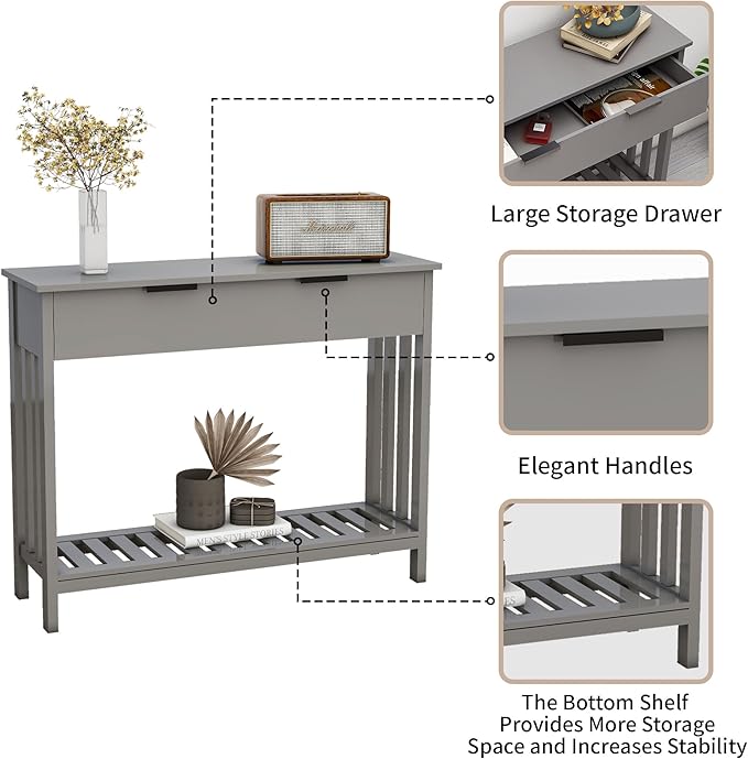 Entryway Table Console Table with Drawer and Storage Shelf, Narrow Sofa Table Entrance Enter Way Hallway Foyer Behind Couch Table (Gray with Drawer)-NeatNest