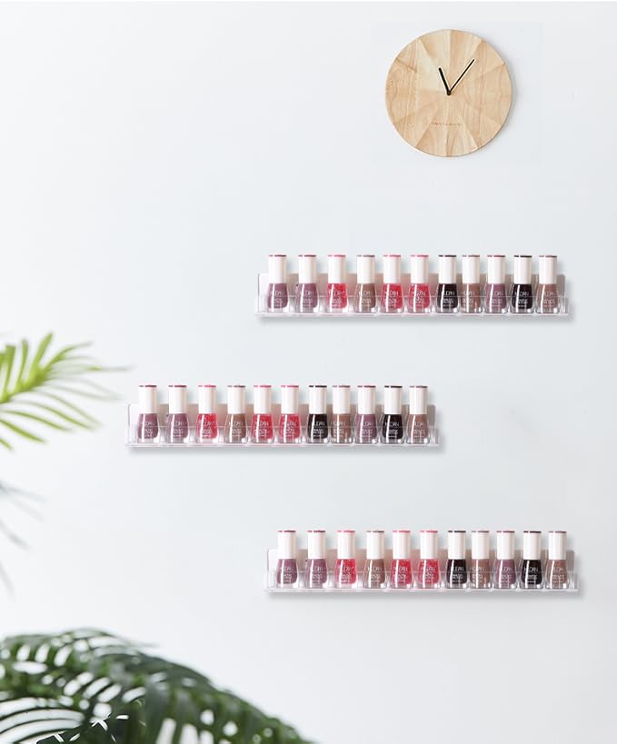 IEEK Nail Polish Rack Wall Mounted Shelf 2 Pack,Clear Kids Wall Bookshelf Acrylic Nail Polish Holder with Removable Anti-Slip End Inserts,2 Tiers Floating Polish Organizer Display 30 Bottles-NeatNest