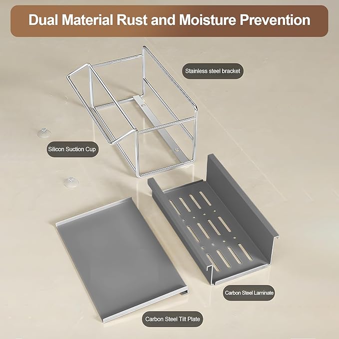 Kitchen Sink Sponge Rack, Self Draining Kitchen Sink Storage Rack, Rust-Proof Stainless Steel Dish Sponge Storage Rack (with Dish Cloth Rack), Bathroom Soap Dispenser Storage, Gray-NeatNest