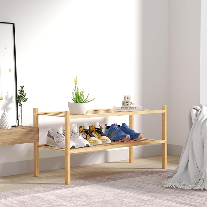 2 Tier Bamboo Shoe Rack for Closet Free Standing Wood Shoe Shelf for Entryway Small Space Stackable 27"x11"x13" (Natural)-NeatNest