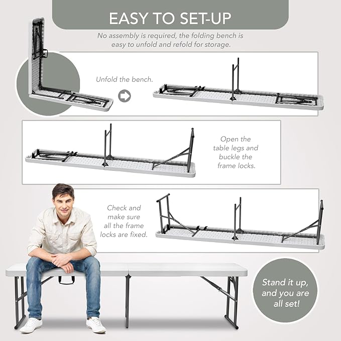 AJP Distributors 6 Foot Portable Plastic Folding Bench 6FT 72" Half Foldable Heavy Duty Seat w/Carry Handle - Indoor Outdoor Backyard Camping Picnic BBQ Party Wedding Dining Office Event Meeting White-NeatNest
