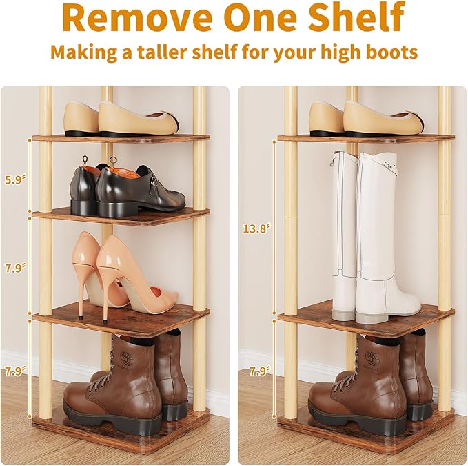 LUCKNOCK Vertical Shoe Rack, 8-Tier Tall Narrow Shoe Organizer for Entryway, Closet, Dorm & Small Spaces, Freestanding Wooden Shoe Shelf Tower for Boots, Sneakers, Heels. (Rustic Brown)-NeatNest