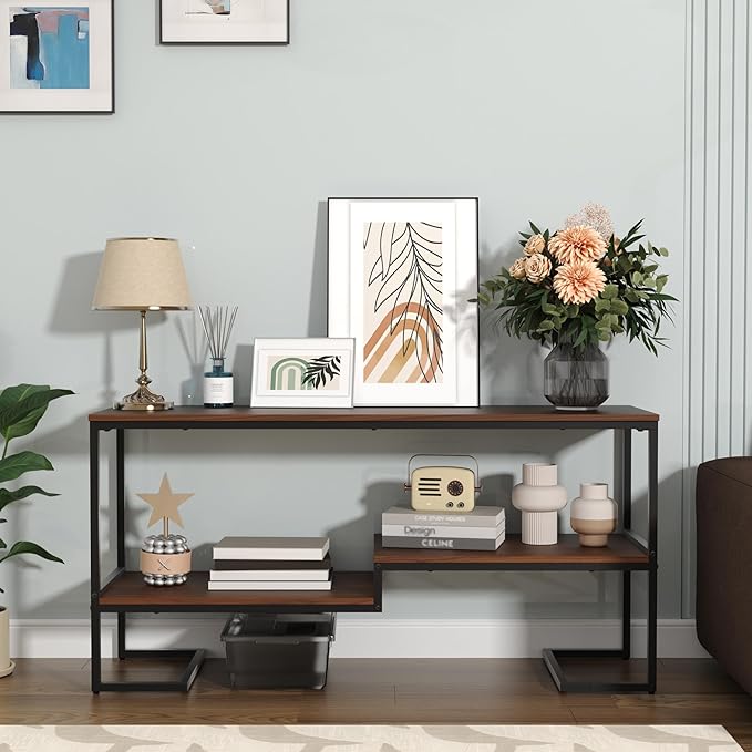 Console Table, 3-Tier Industrial Entryway Table, 53”L Entrance Sofa Table with Shelves, Hallway, Living Room, Foyer, Corridor, Office, Brown and Black-NeatNest