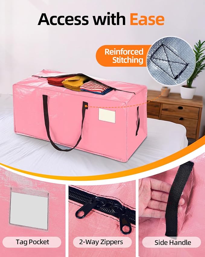 12 Pack Extra Large Moving Bags, Heavy Duty Packing Bags with Zippers and Handles for Space Saving, Clothes Storage, College Essentials, Travel, Pink