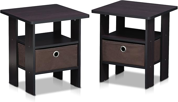 Furinno Andrey Set of 2 End Table / Side Table / Night Stand / Bedside Table with Bin Drawer, Dark Walnut