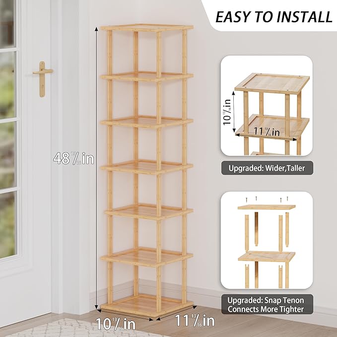 Vertical Tall Shoe Rack For Entryway - Tall 7 Tier Free Standing Slim Narrow Bamboo Wood Shoe Boots Storage Shelf Small Spaces For Garage Closet Doorway Garage Living Room Storage for Kitchen Bathroom-NeatNest