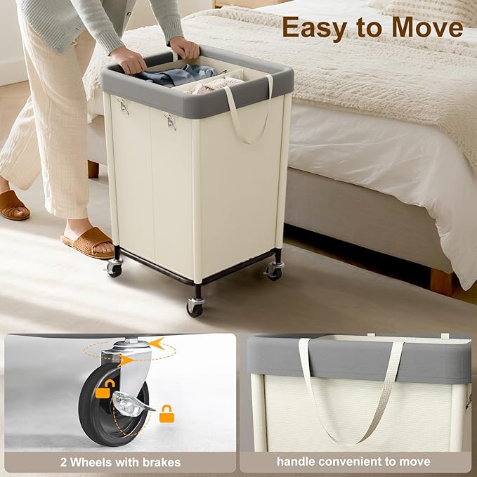 WOWLIVE 160L Rolling Laundry Hamper with Wheels, Heavy Duty Laundry Basket, Large Laundry Cart with Steel Frame and Removable Bag, Dirty Clothes Hamper for Home, Closet, Dorm, Bathroom, Beige