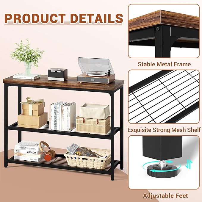 47" Console Table, 3-Tier Entryway Table, Sofa Table with Mesh Shelves, Console Tables for Living Room, Bedroom, Hallway, Entryway, Foyer, Rustic Brown-NeatNest