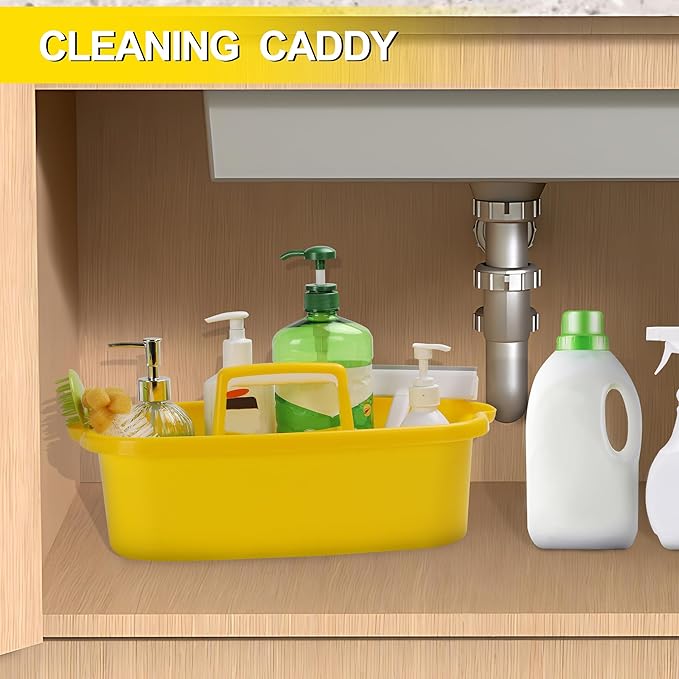 Cleaning Supplies Caddy Organizer with Handle Plastic Tool Storage Basket for Bathroom, Kitchen, Under Sink,2 Pack with 2Pack Microfiber Cleaning Cloths, Yellow