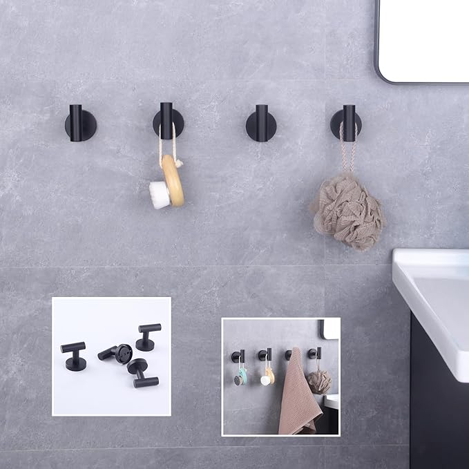 GERZWY Bathroom Matte Black Coat Hook SUS 304 Stainless Steel Towel/Robe Clothes Hook for Bath Kitchen Modern Hotel Style Wall Mounted 4 Pack AG1307B-BK