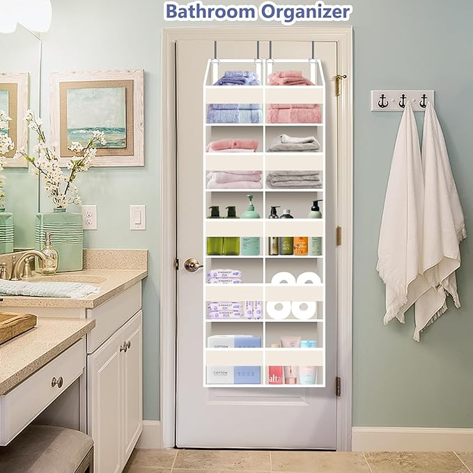 Heavy Duty Over The Door Organizer 5 Tier, Extra Large Behind Door Storage of 10 Compartments, 80 lb Weight Capacity, Hanging Hidden Doors Storage Organizer for Bathroom Closet Nursery Bedroom, Beige