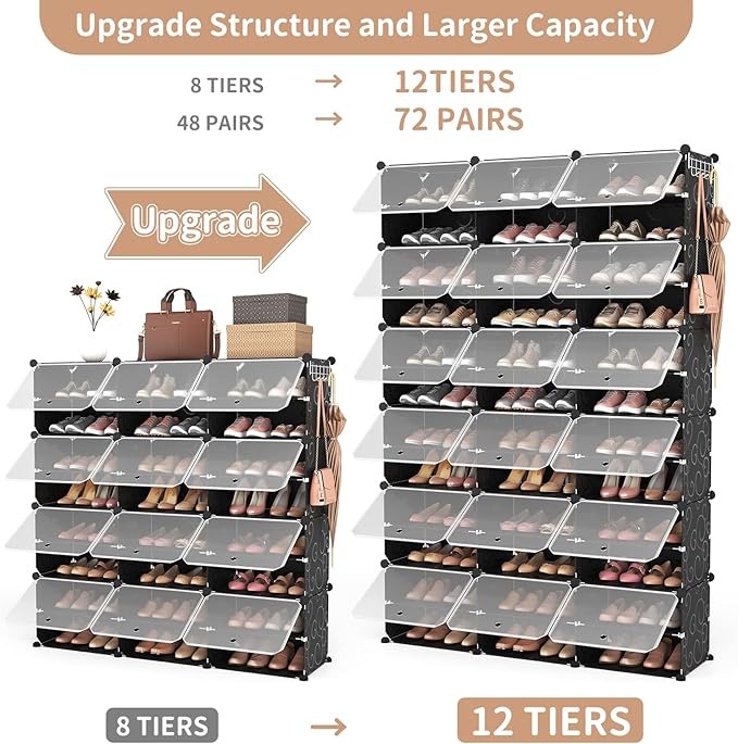 ROJASOP Portable Shoe Rack Organizer, 72 Pairs Covered Shoe Rack Shoe Organizer for Closet Entryway 12-Tier Shoe Storage Cabinet Space Saver Closed Shoe Organizer Cabinet with Doors-NeatNest