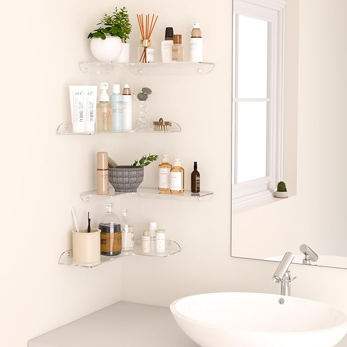 8x11.8 Inch Clear Corner Shelf Wall Mount Set of 4, Acrylic Corner Floating Shelves, Wall Organizer Shelf for Bathroom, Kitchen, Bedroom, Living Room, Dining Room, Office