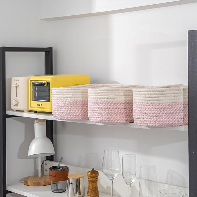 CubesLand Rectangle Organization/Storage Basket, Natural Cotton Rope Woven Baskets for Organizing, Small Basket for Kids, Baby Nursery, Cat Dog Toy Baskets, Organizer Bins for Shelves 3 Packs-NeatNest