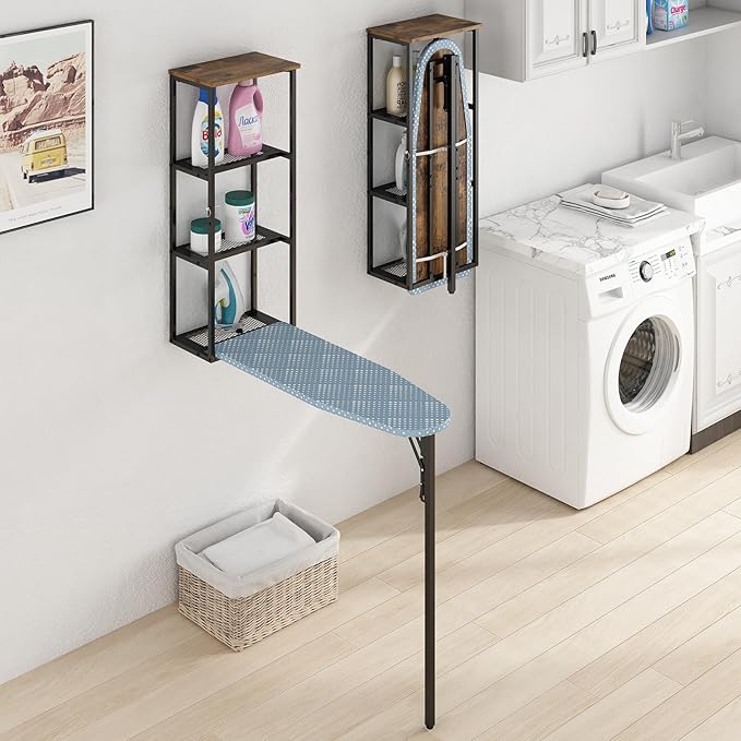 GILLAS Wall-Mounted Iron Board with 3 Storage, Ironing Board Full Size, Tabletop Ironing Stand, Iron Table for Home, Apartment, Rustic Brown