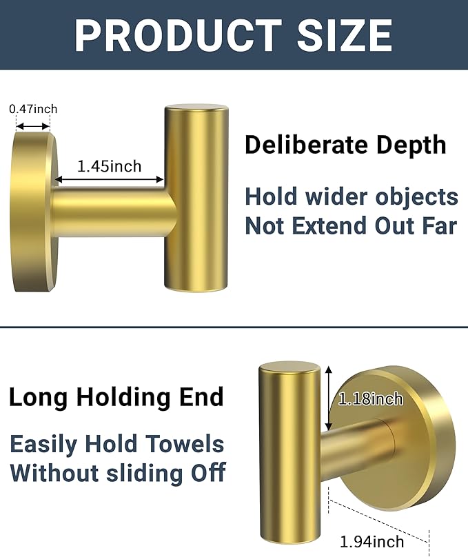 Bathroom Towel Hook, Coat Robe Clothes Hook for Kitchen Garage Wall Mounted, 304 Stainless Steel, Heavy Duty Door Hanger, Cabinet Closet Wall Hook for Hotel Pool (Brushed Gold, 4 Pack)