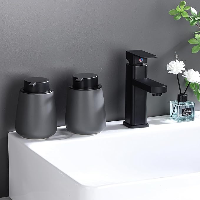 12Oz Grey Soap Dispenser Set - Ceramic Lotion Hand Soap Dispenser Set with Easy-to-Press Black Pump, Refillable Mordern Liquid Dish Soap Dispensers for Bathroom & Kitchen, 2 Pack-NeatNest