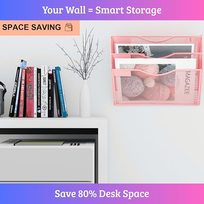 3 Pocket Wall File Holder Organizer, Mesh Hanging Wall Mounted Document Paper Folder Filing Magazine Rack with Nametag Label for Office Home School, 3 Tier Pink