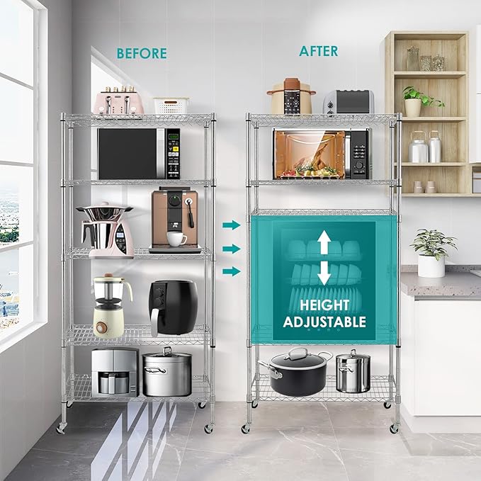 BNSPLY 5 Tier Wire Shelving Unit with Wheels, Height Adjustable Wire Shelves with NSF Certified, Mobile Metal Storage Rack Shelf Unit for Kitchen, Laundry, Garage (17.7" D x 35.5" W x 71" H, Chrome)-NeatNest