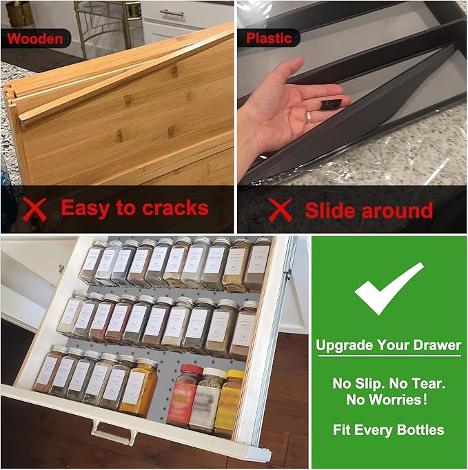 Gosmol Spice Drawer Organizer insert, Adjustable & Non-Slip Silicone Spice Drawer Liner for Seasoning Jars and Spice Bottles, Set of 2-Grey-NeatNest