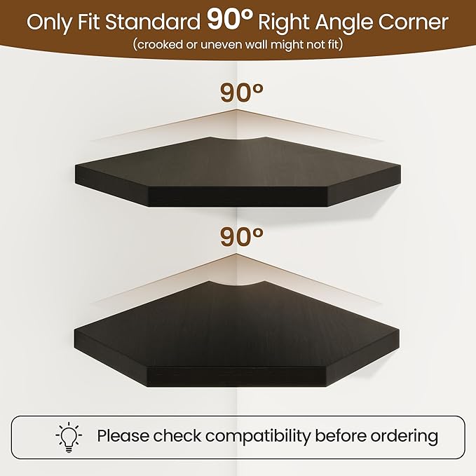 Fun Memories Corner Shelf Wall Mount, Solid Oak Wood Floating Corner Shelves with Cable Hole, 7in Rustic Design for Bedroom, Bathroom, Kitchen, Living Room (Black, 1 Pack)-NeatNest