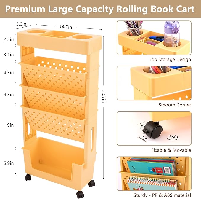 CINPIUK Yellow Rolling Office Paper Organizer, Mobile Book Cart Document Folder File Storage with Pen Holder, Slim Rolling Storage Cart Movable Bookshelf for Office, Dorm, Classroom, Nursery-NeatNest