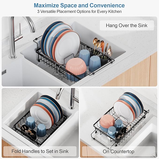 iSPECLE in Sink Dish Drying Rack with Silicone Sink Protector - Expandable Capacity Dish Drainer with Utensil Holder, 12.4"-17.1" L x 12.8" W, Black