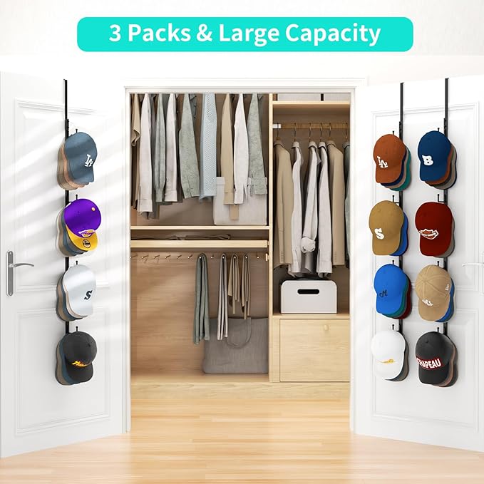 HapiRm Over Door Hat Rack - 3 Packs Hat Organizer with 12 Hooks Design, Hanging Baseball Cap Organizer Storage Holds Up to 60 Caps for Door, Bedroom, Closet (Black)-NeatNest