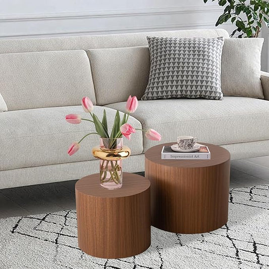 Round Nesting Coffee Table Set of 2 Modern Wooden Drum Coffee and End Table Sets Rustic Small Side Tables Circle Accent Center Tables for Living Room Apartment,No Assembly,Dark Wood