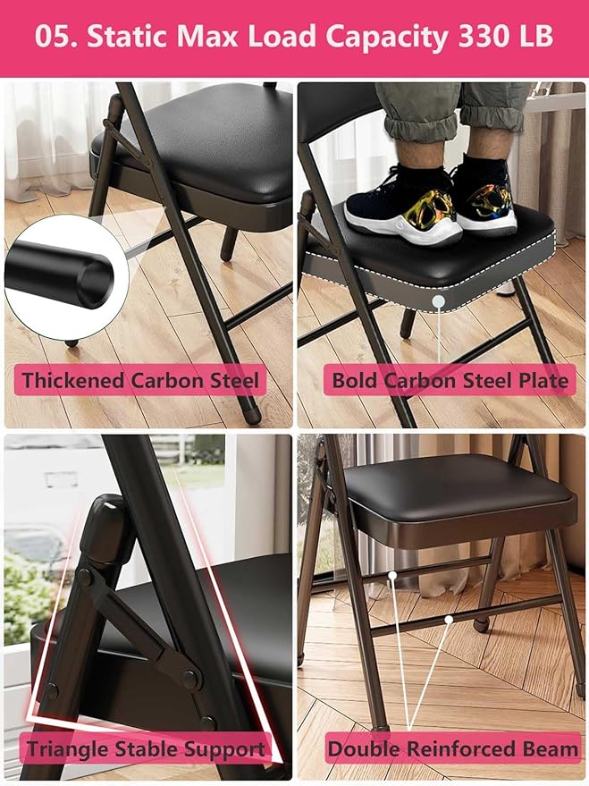 1 Pack Bulk Folding Chairs with Padded Cushion, Single Black Steel Metal Frame Foldable Chair for Indoor and Outdoor, Portable Stackable Commercial Seat for Bedroom Patio Party Event-NeatNest