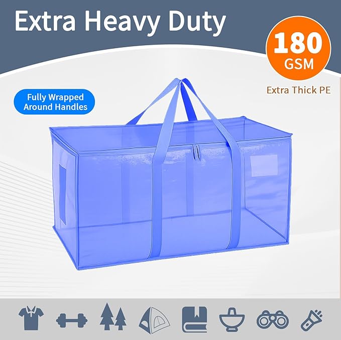 Extra Large Heavy Duty Moving Bags - Waterproof Storage Totes with Reinforced Handles & Zippers, Foldable for College Dorm Essentials, Clothes Storage & Travel (12-Pack Blue)