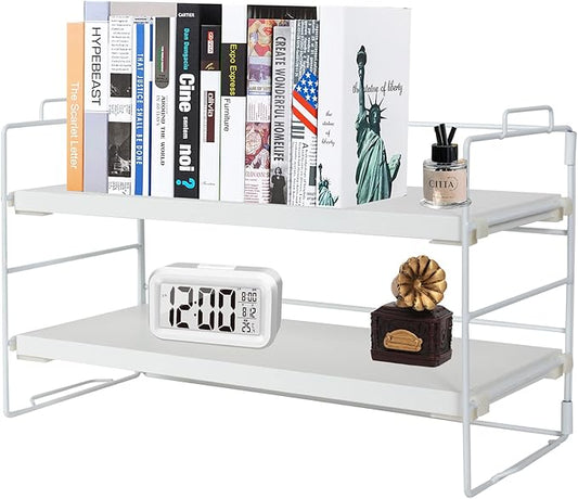 PowerKing Desk Shelf Organizer, 2-Tier Desktop Shelves with Wood Board, Adjustable Bookshelf Storage Rack for Home Office School Study Room (White Frame + White Wood)-NeatNest