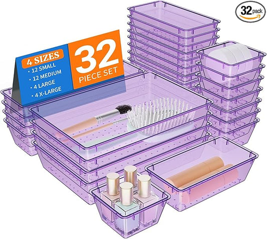 32 PCS Clear Plastic Drawer Organizer Set, 4-Size vanity organizer Trays and Storage Bins for Makeup, Jewelry and Gadgets in Bedroom, Bathroom and Office, Clear Purple-NeatNest