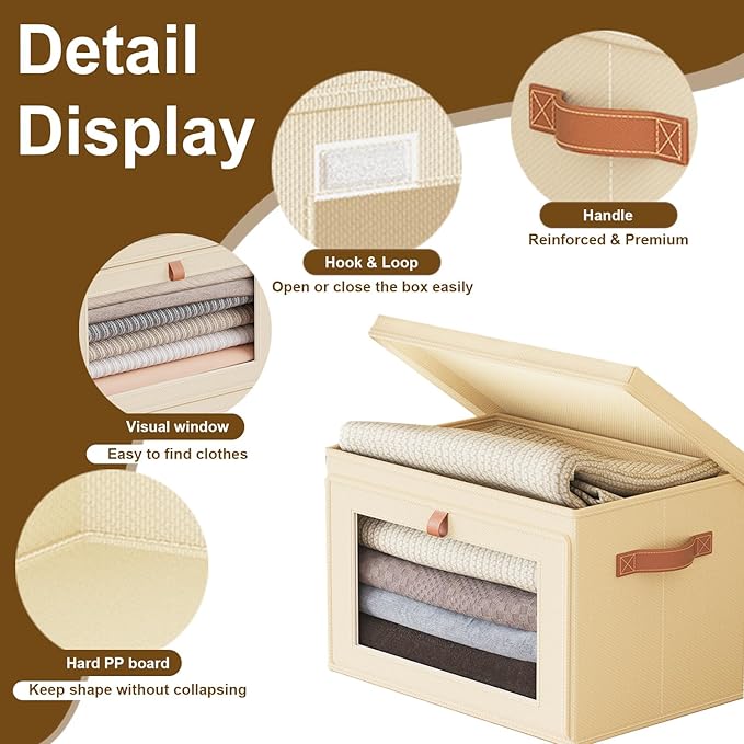 Tuza 2 Pack Foldable Storage Bins - Fabric Decorative Storage Boxes with Handles & Window, Collapsible Organizer for Closet, Shelf, Dorm Room