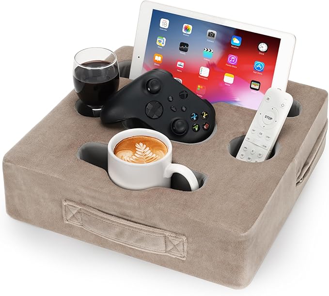 STBoo Couch Cup Holder Pillow Tray - Sofa Drink Cup Holder Cozy Buddy | Bed Caddy Organizer for Remote, Snacks Beverage, Phones, Tablet | Use it on Car, Pack, Beach, RV, Boat, Bedroom (Light Brown)-NeatNest
