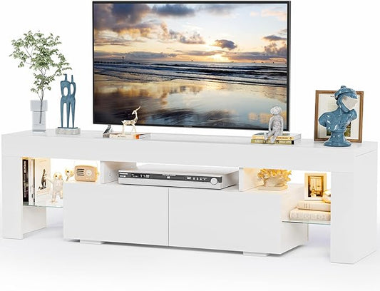 JUMMICO TV Stand, Modern Lighting TV Cabinet Entertainment Center Media and Open Shelf, TV Console Table with 1 Drawer and Remote Control, 20 Color LED Lights up to 70 Inch TV (White)-NeatNest