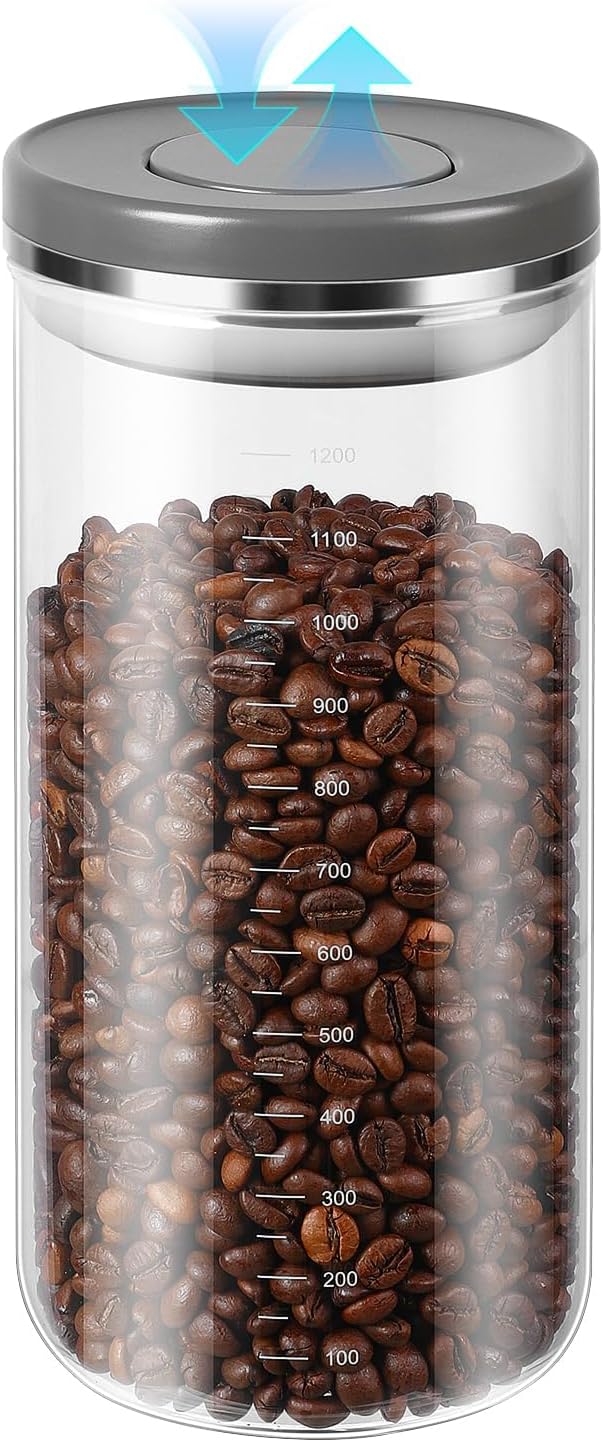 Coffee Canister with Airtight Lid, One-Press Button Borosilicate Glass Coffee Container with PP Silicone Lid, Food Storage Container for Grounds Coffee, 1lb Beans, Flour, Cereal, Sugar-NeatNest