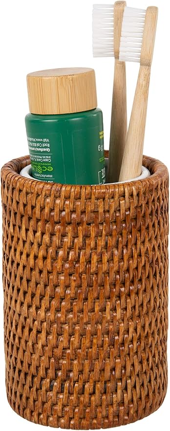 La Jolla Rattan Bathroom Tumbler and Toothbrush Holder (10fl.oz.), Honey-Brown