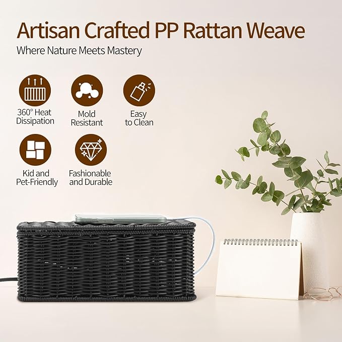 Delamu Handmade Rattan Cable Management Box, Cord Organizer with 2 Open Slots, Desk Cord Hider Box for Computer Router USB Hub Power Strip, 12.5" Lx 5.1" Wx 5.1" H, Black