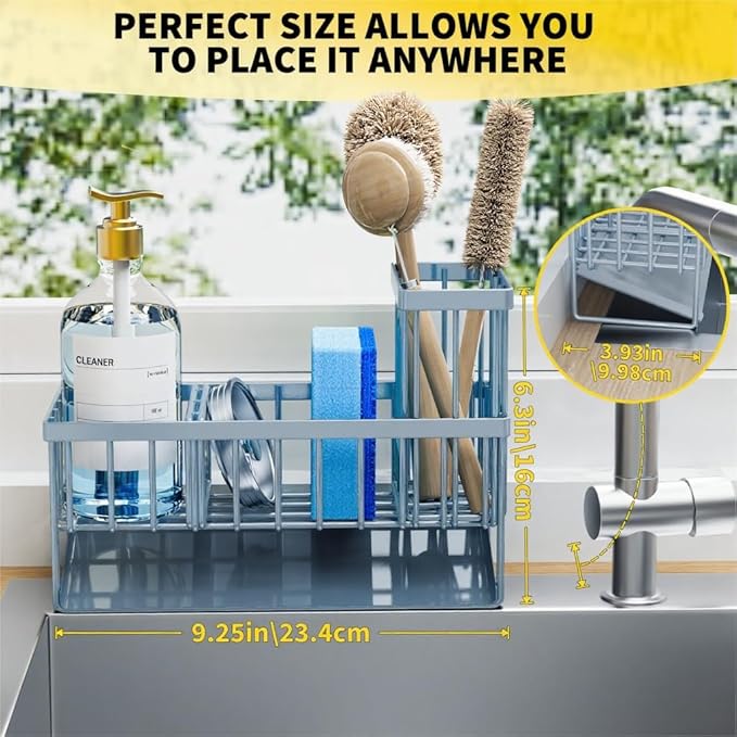 Cisily Sink Caddy Organzier with High Brush Holder, Sponge Holder for Sink, 304 Rustproof Stainless, Kitchen Countertop Soap Dispenser Organizer, Gray Blue Kitchen Decor and Accessories-NeatNest