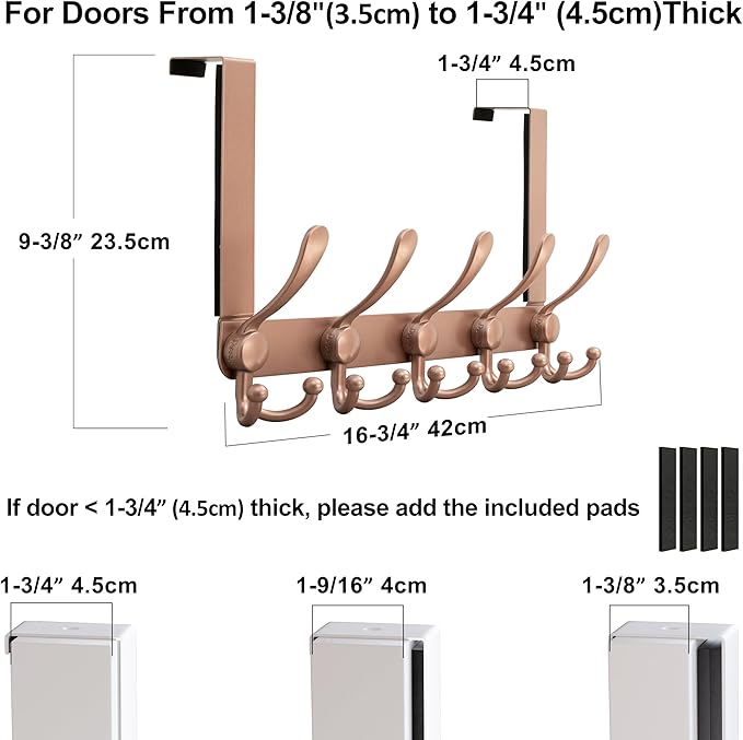 Dseap Over Door Hook 2.0 - Upgraded Version - Simple-Assembly, Strong, Heavy-Duty Stainless Steel 5-Tri-Hook Over The Door Hanger Rack, SimpleStrong Series, Rose Gold, Pack of 2