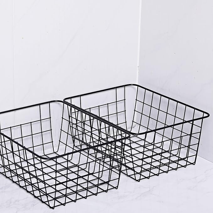 11" Upright Freezer Storage Baskets, Black Wire Storage Bins Small Bakset for Freezer, Pantry, Bathroom Organizing, Set of 4